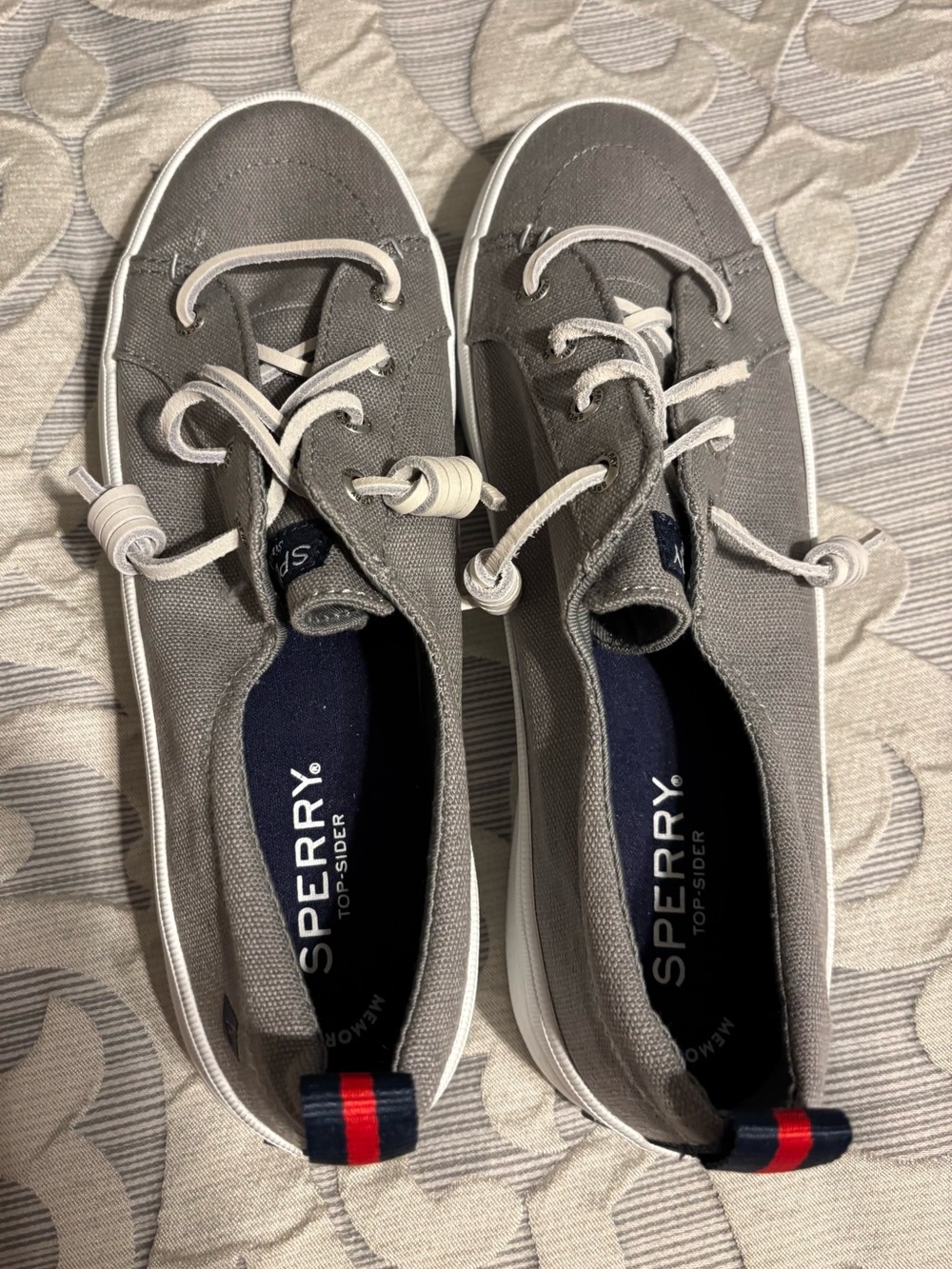 Sperry Gray Canvas Boat Shoes with White Laces - size 7.5